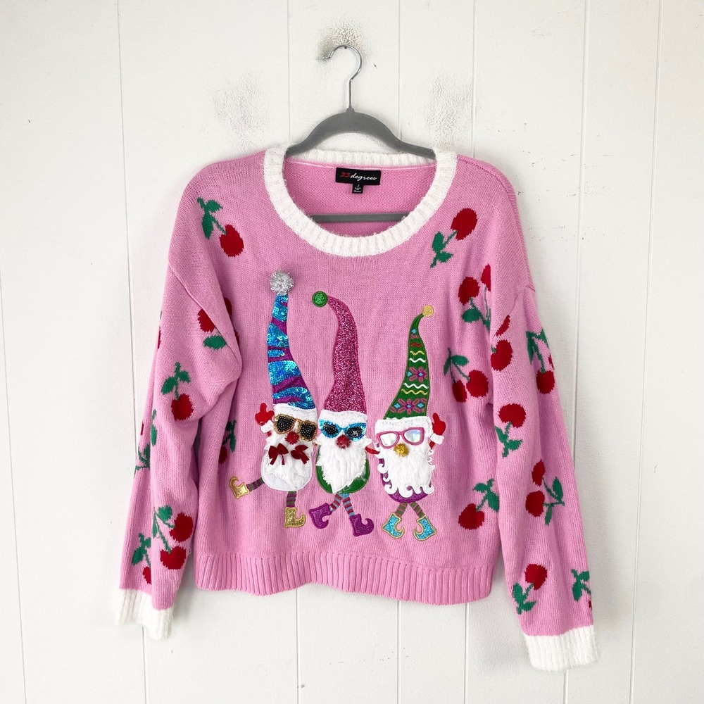 33 Degrees Pink Gnome Cherry Sequin Knit Sweater Large